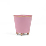 Bright Light Pink small tole metal cachepot with gold base and trim on a white background