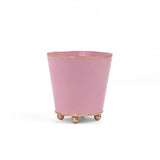 Bright Light Pink small tole metal cachepot with gold base and trim on a white background