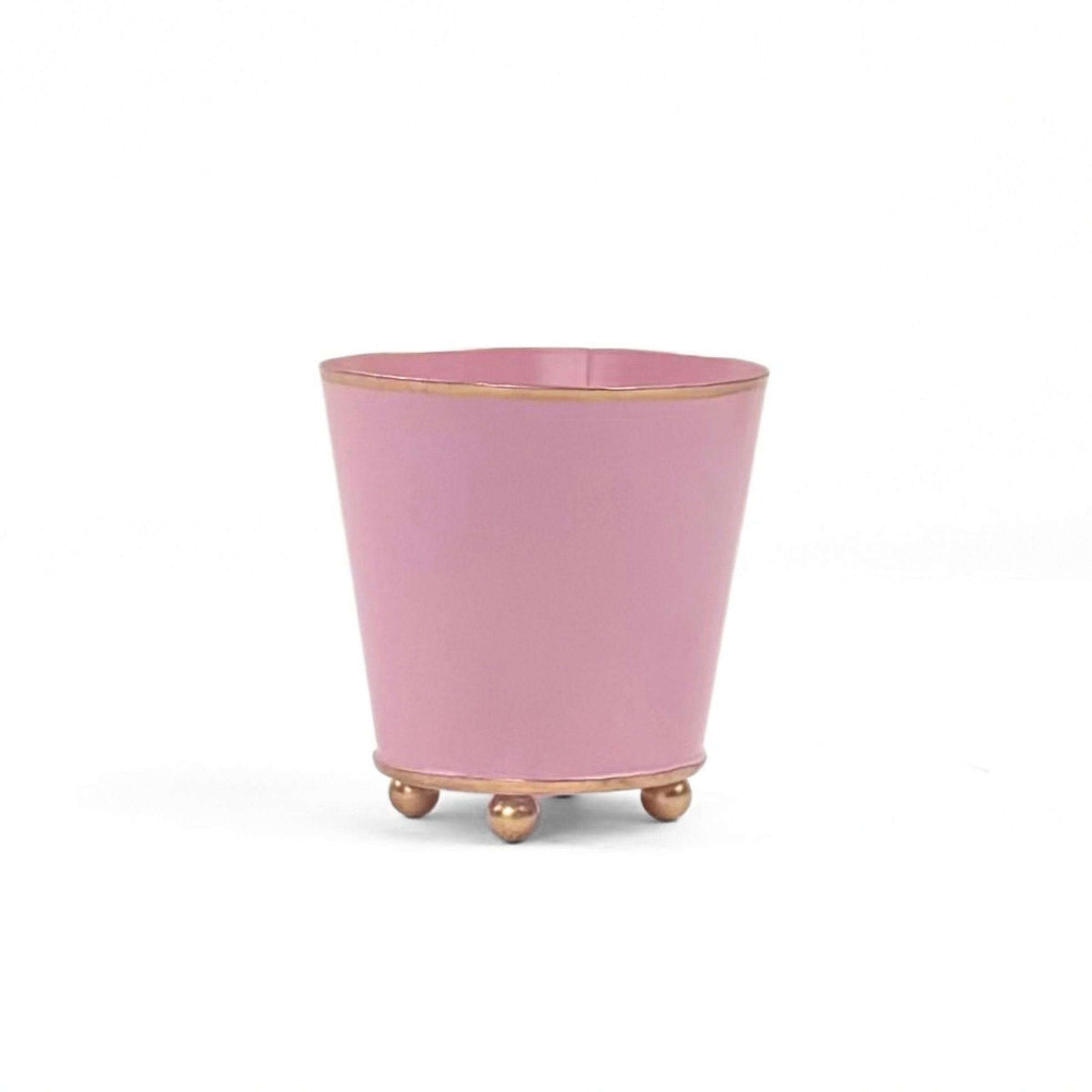 Bright Light Pink small tole metal cachepot with gold base and trim on a white background