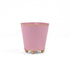 Bright Light Pink small tole metal cachepot with gold base and trim on a white background