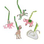 Hand-painted animal Christmas ornaments featuring a zebra, elephant, monkey, giraffe, and swan in festive colors.
