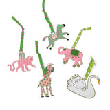 Hand-painted animal Christmas ornaments featuring a zebra, elephant, monkey, giraffe, and swan in festive colors.