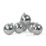 six silver disco ball christmas ornaments on a white background