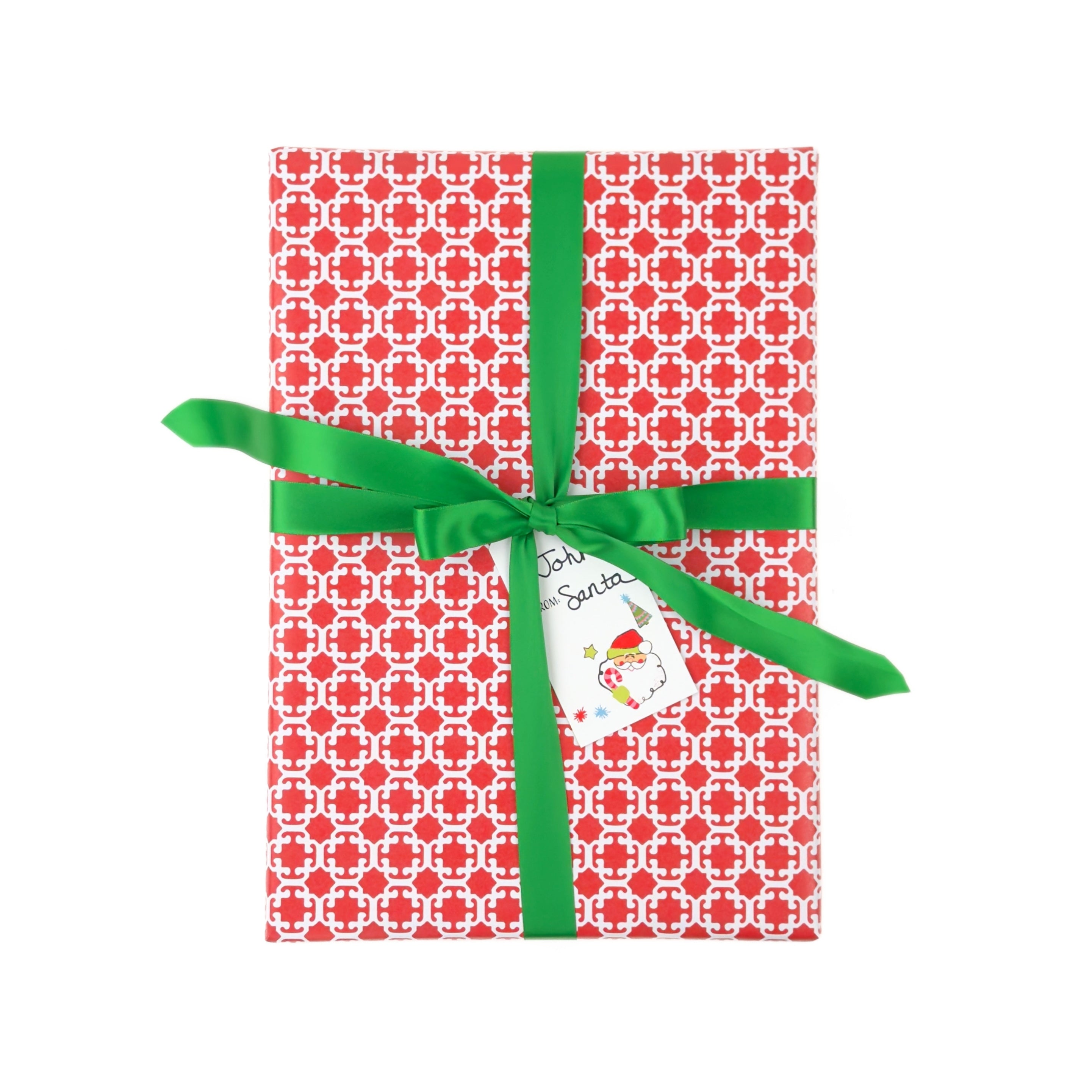 a present wrapped in red gift wrap with a  white chinoiserie lattice pattern and a green bow. 