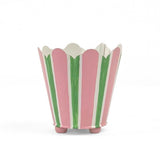 Hand-Painted Striped Scalloped Tole Cachepot - Pink and Green