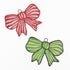 Festive Christmas bow ornament set featuring hand-painted red and green stripes with charming hanging loops.