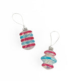 Patriotic tinsel glass ornaments featuring shimmering red, blue, and silver stripes with festive metallic finishes.
