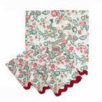 Set of Cloth dinner napkins featuring red and green Chinese dragon floral prints with burgundy ric rac trim.