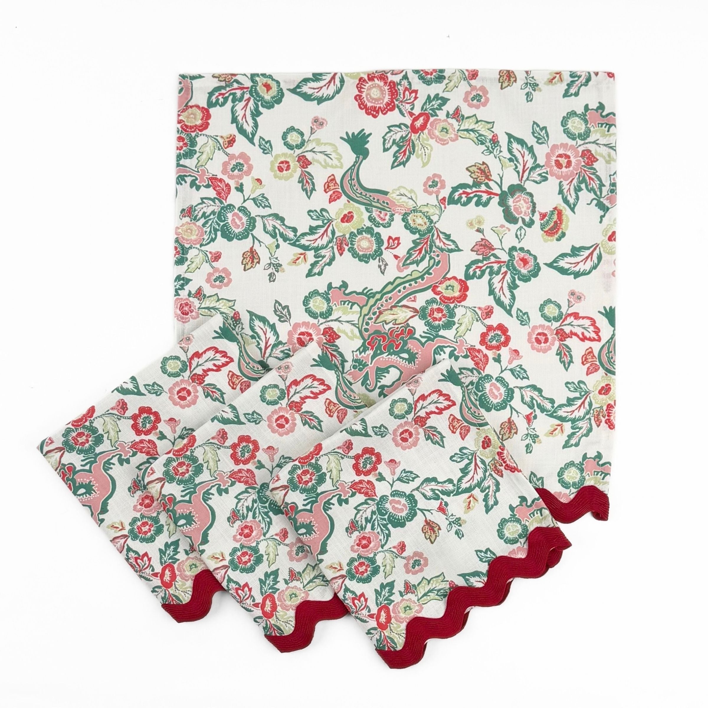 Set of Cloth dinner napkins featuring red and green Chinese dragon floral prints with burgundy ric rac trim.