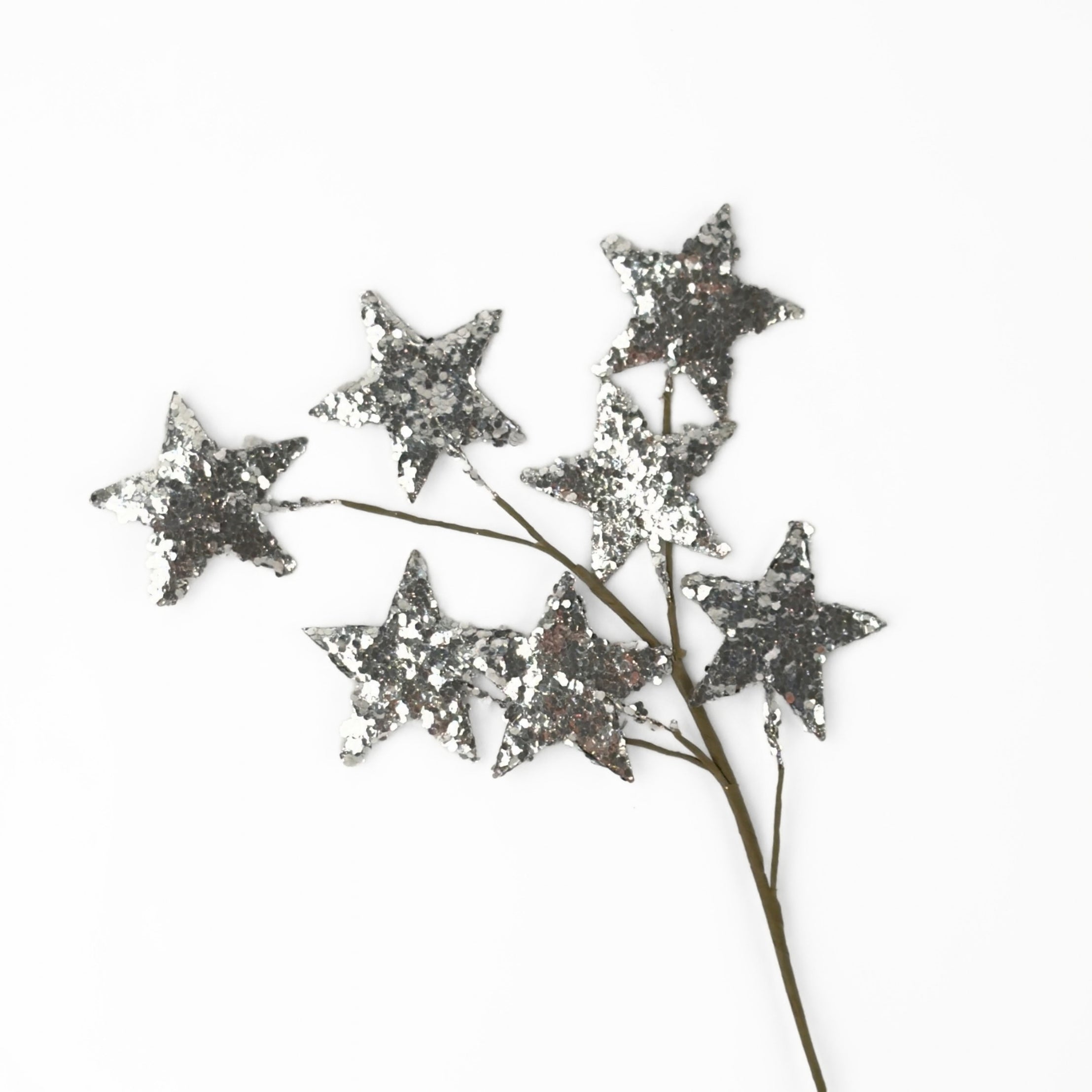 Silver spray of stars featuring sparkling glitter accents, perfect for festive Christmas trees and arrangements.