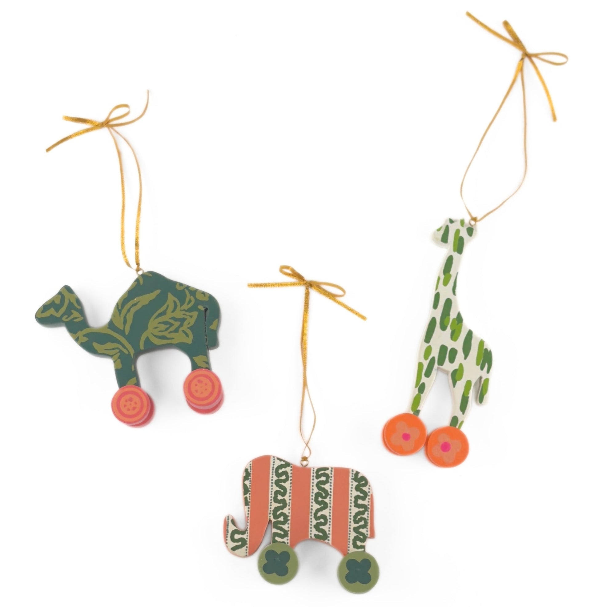 Wooden animal toy Christmas ornaments featuring colorful camel, elephant, and giraffe designs with decorative wheels.