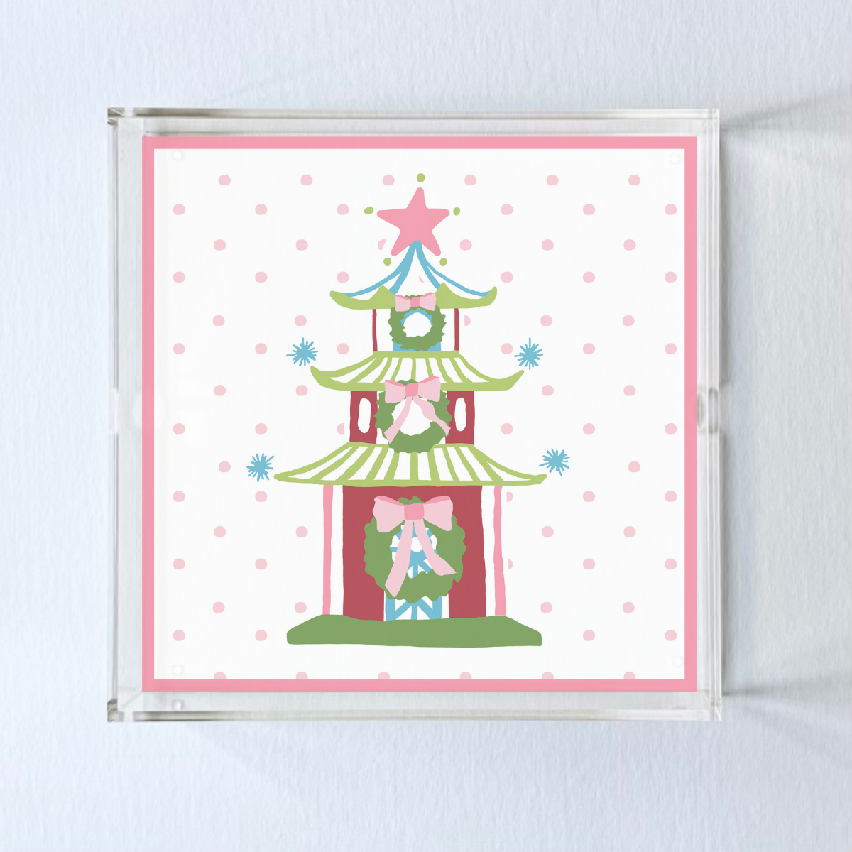 Green Festive Pagoda Square Acrylic Christmas Tray, 3 Sizes