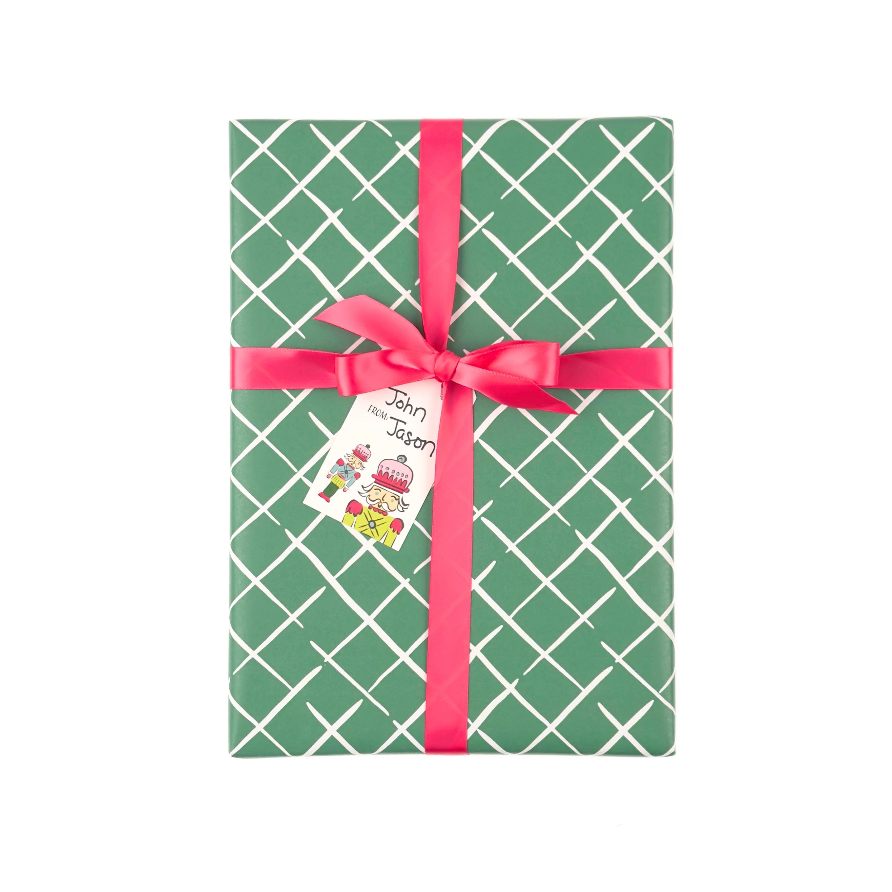 Bahama Court gift wrap featuring a charming white lattice pattern on a beautiful green background.