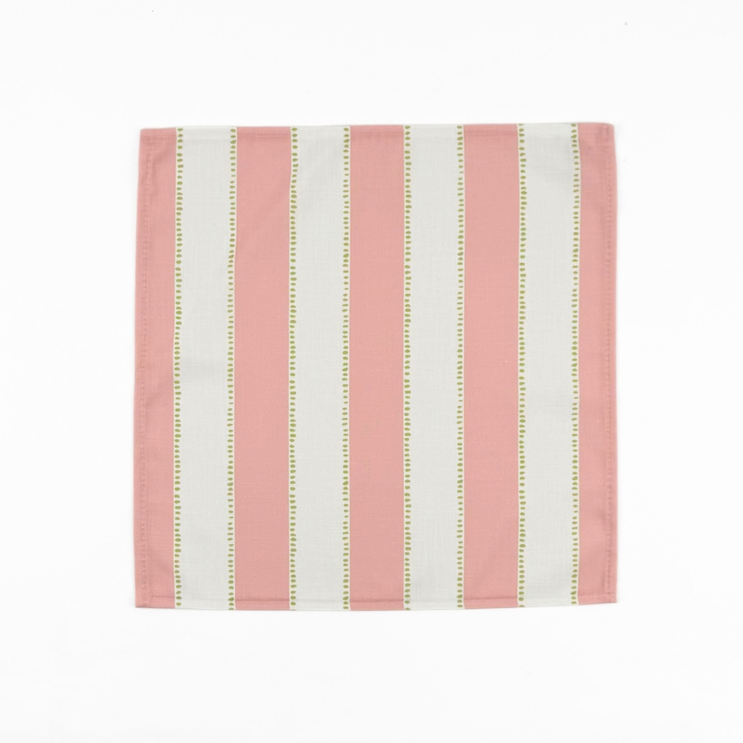 Pink and white striped cloth dinner napkins featuring delicate green dotted accents for elegant tablescapes.