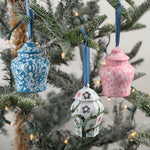 Set of Elegant ginger jar ornaments featuring intricate floral patterns in blue, pink, and green with ribbons.