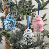 Set of Elegant ginger jar ornaments featuring intricate floral patterns in blue, pink, and green with ribbons.