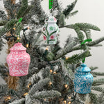 Chinoiserie ginger jar Christmas ornaments featuring intricate floral patterns in blue, pink, and green designs.