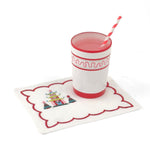 Elegant white cocktail napkins featuring red scalloped borders, colorful Christmas pagodas, festive trees, and embroidery.