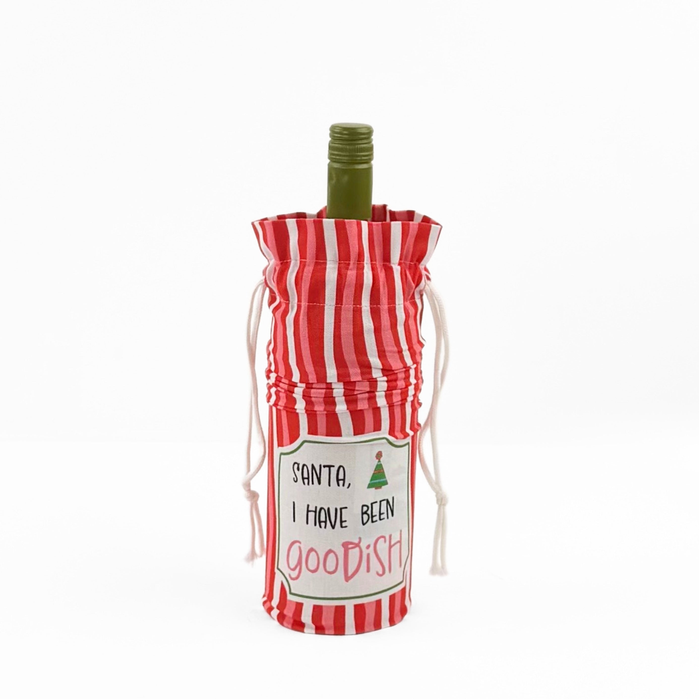 red and white striped wine bag with a “Santa, I have been goodish” label on the front