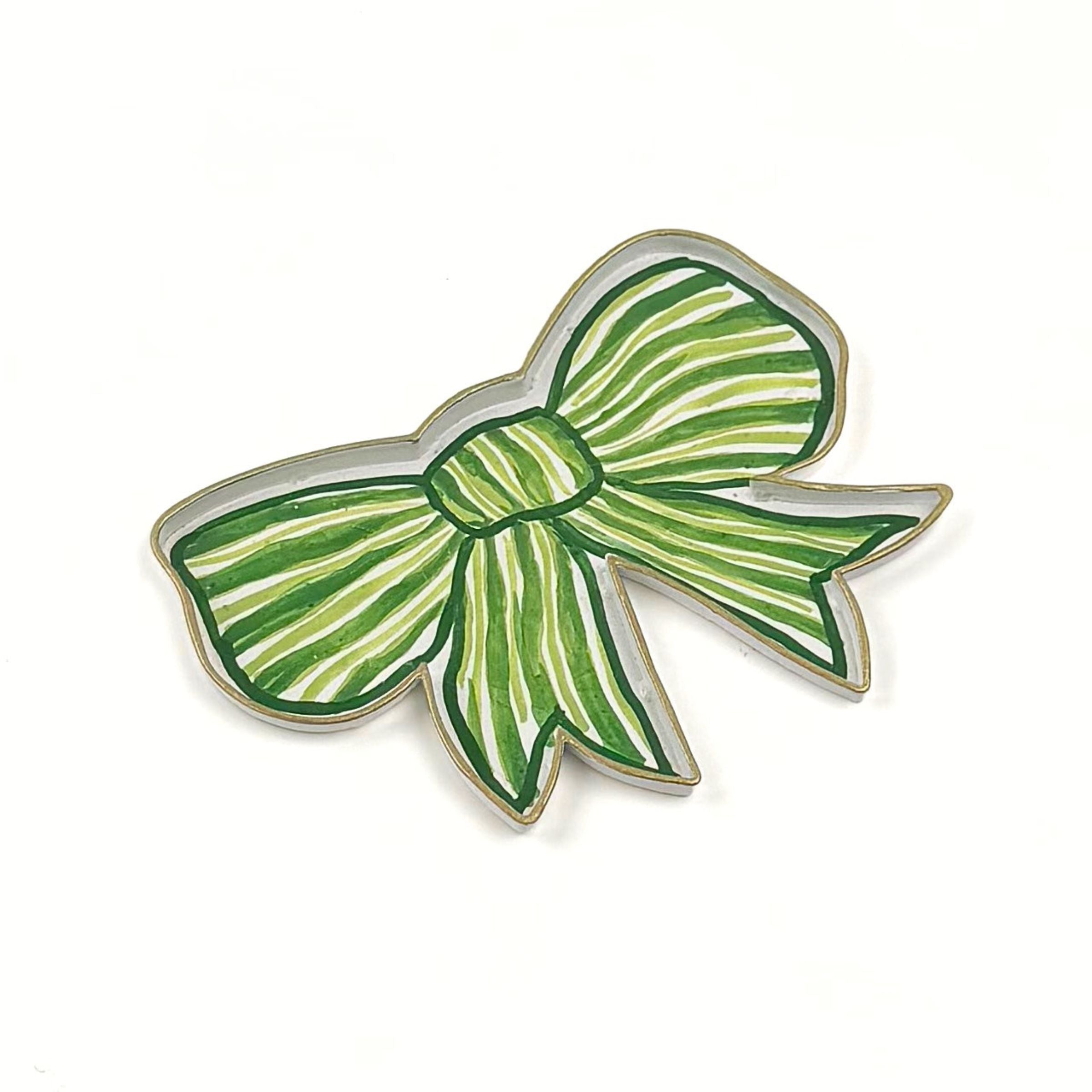 Green and white striped bow-shaped decorative tray with gold outline displayed on a white background.