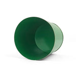 Bright Green  large tole metal cachepot with gold base and trim  showing the inside on a white background