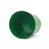 Bright Green  large tole metal cachepot with gold base and trim  showing the inside on a white background