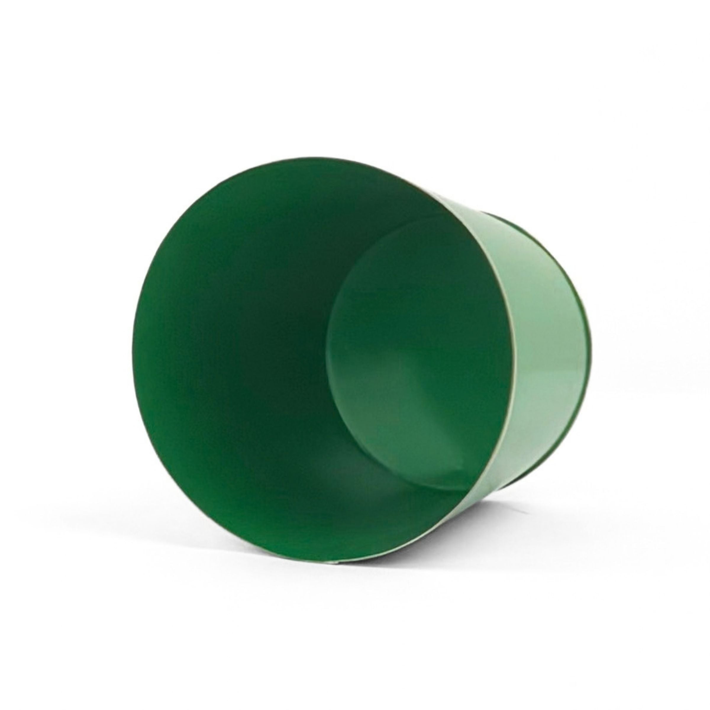 Bright Green  large tole metal cachepot with gold base and trim  showing the inside on a white background