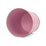 Bright  Light Pink large tole metal cachepot with gold base and trim  showing the inside on a white background