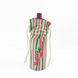 pink, green, and white striped wine bag with “Liquid Mistletoe” printed on the front