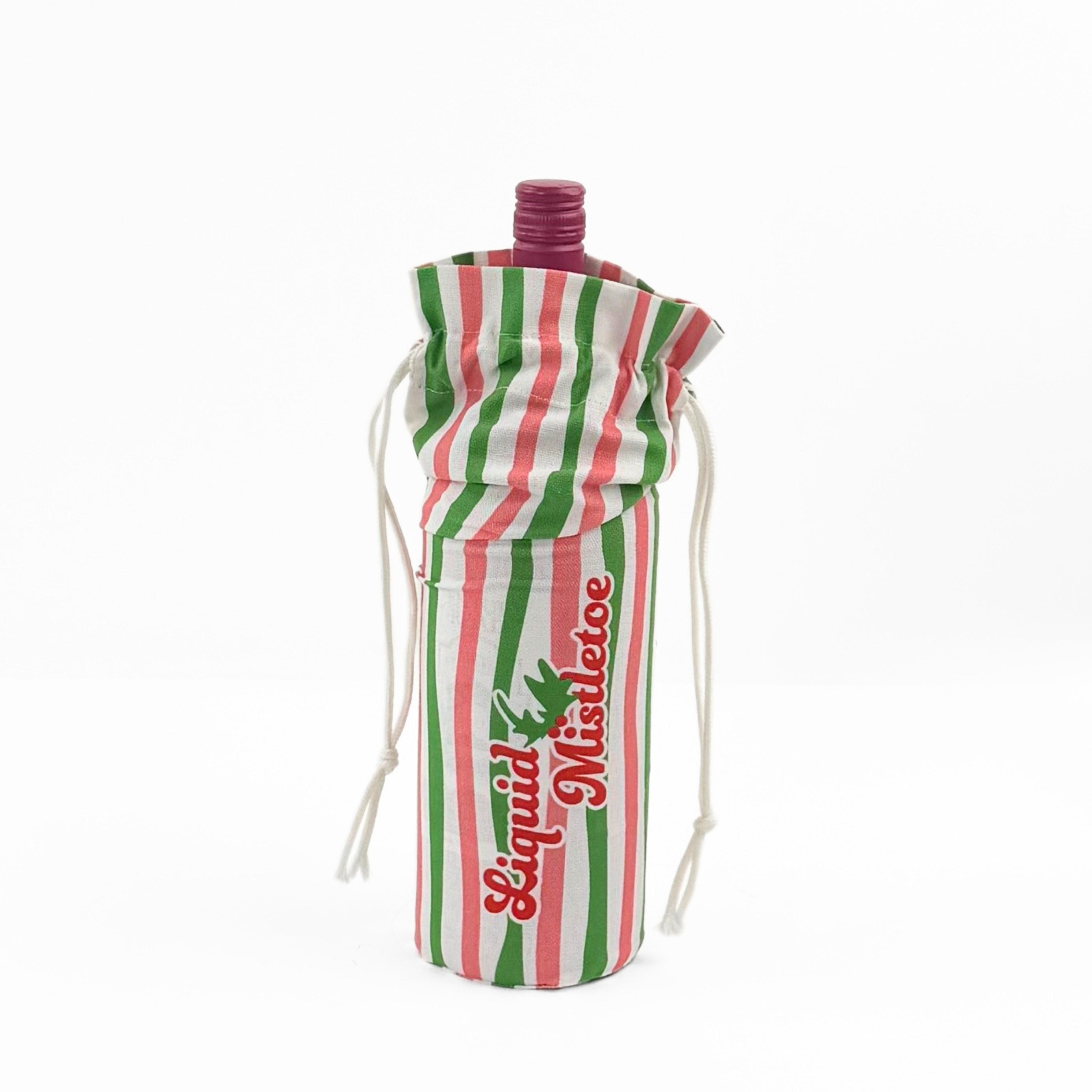 pink, green, and white striped wine bag with “Liquid Mistletoe” printed on the front