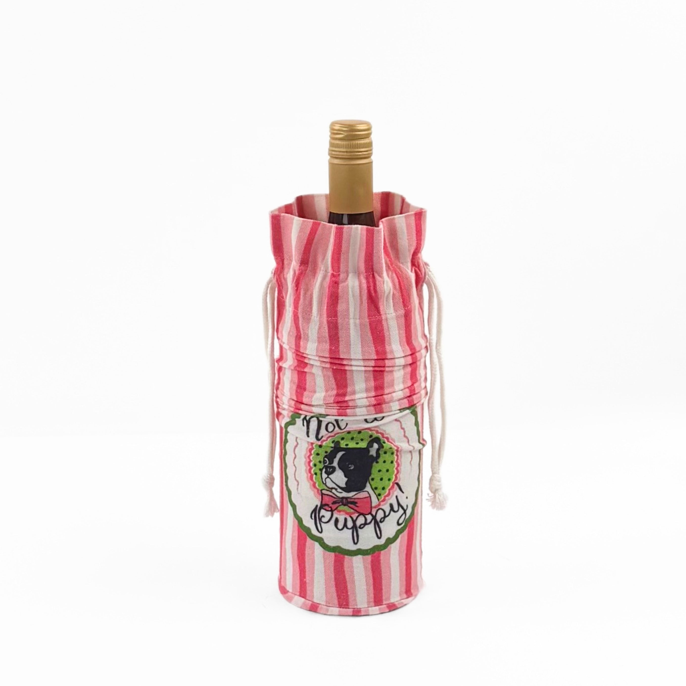 red and white striped wine bag with a dog illustration and “Not a puppy!” printed on the front