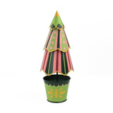 A tole metal Christmas Tree Centerpiece patterned with stripes, scallops and spots in a green and yellow painted base in Madcap Cottage motifs. 