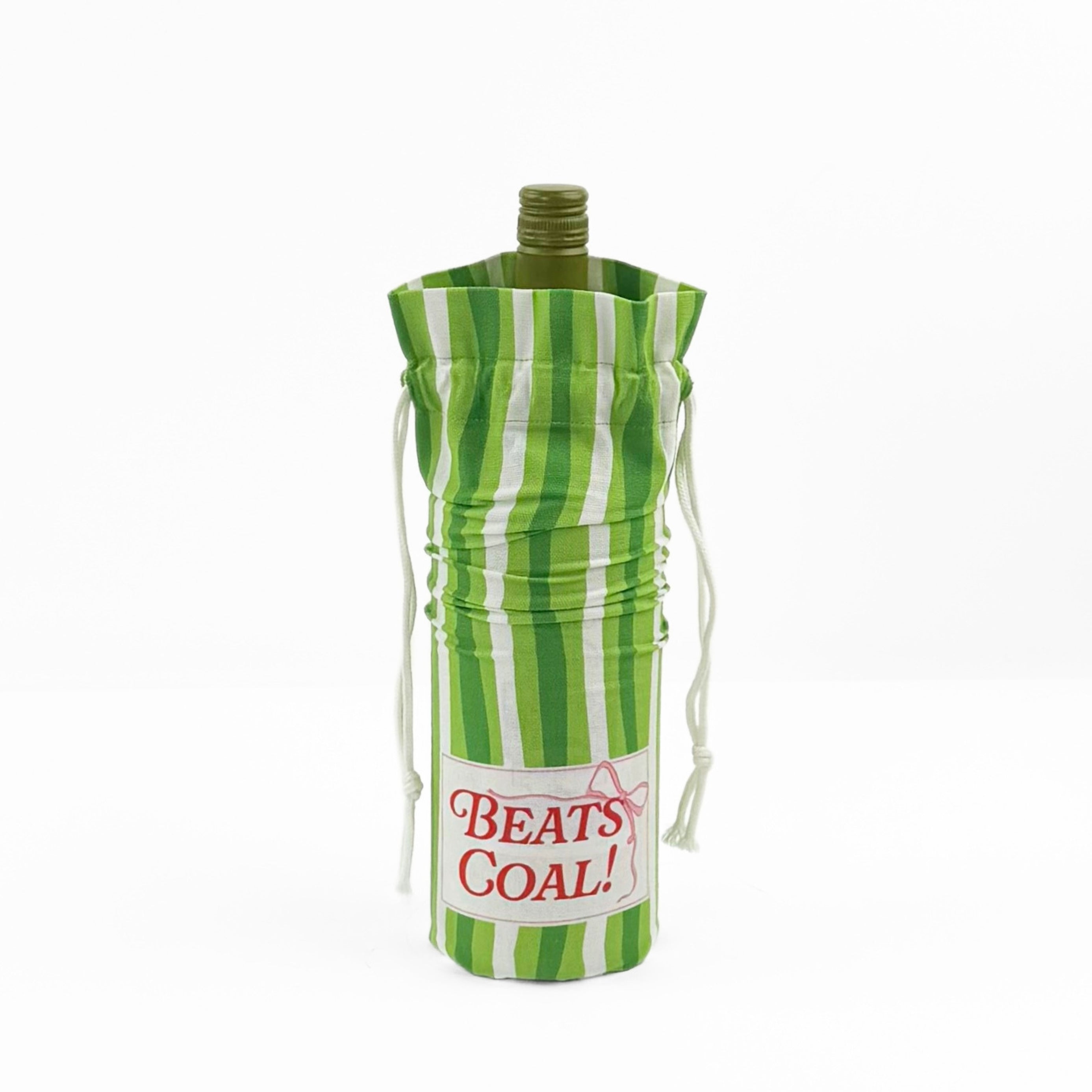 green and white striped wine bag with a “Beats Coal!” label on the front