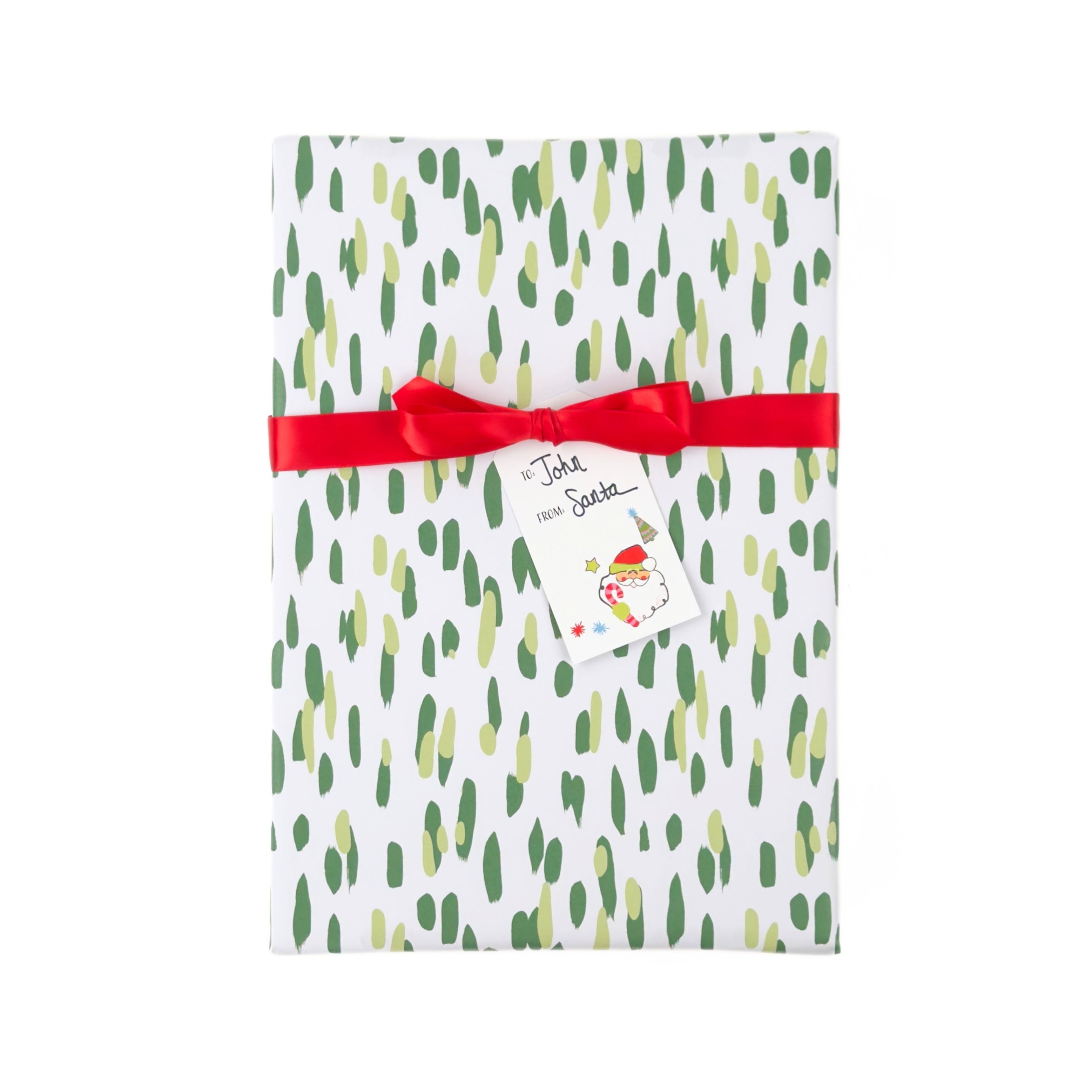 A gift-wrapped package with a white background, irregular green and light yellow brushstrokes, tied with a red ribbon and a Santa-themed tag reading 'To: Santa'.