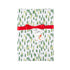 A gift-wrapped package with a white background, irregular green and light yellow brushstrokes, tied with a red ribbon and a Santa-themed tag reading 'To: Santa'.
