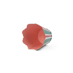 Red and green striped tole cachepot shown on its side to display the solid red interior.