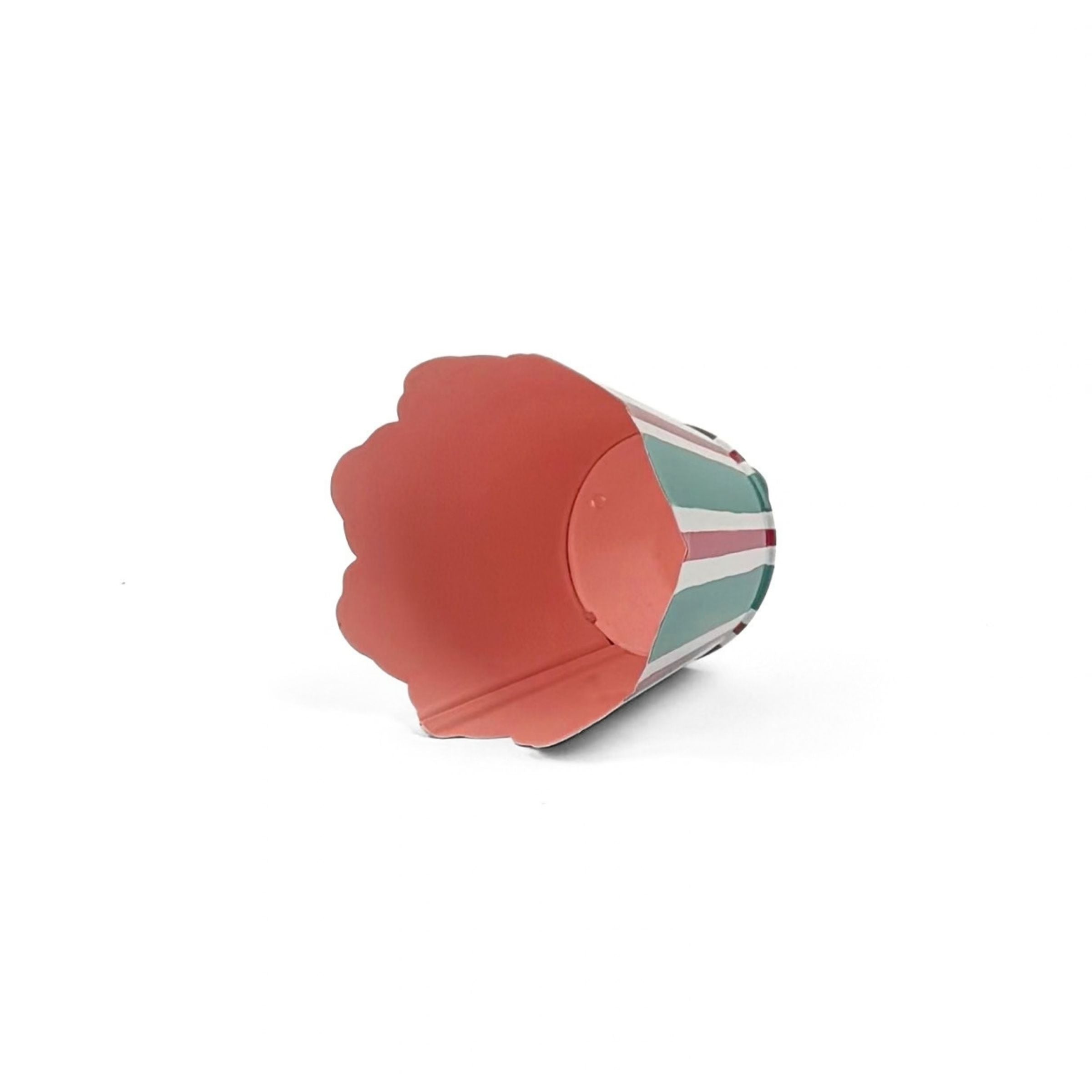 Red and green striped tole cachepot shown on its side to display the solid red interior.