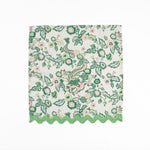 Cloth dinner napkins featuring green Chinese dragon and pink floral prints with green ric rac trim.