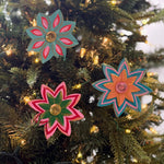 Three Colorful jeweled flower Christmas ornaments featuring hand-painted floral designs, vibrant petals, and sparkling gemstone centers.
