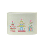 Large Festive Christmas caddy featuring colorful pagodas, pink stars, and delicate green patterned backgrounds throughout.