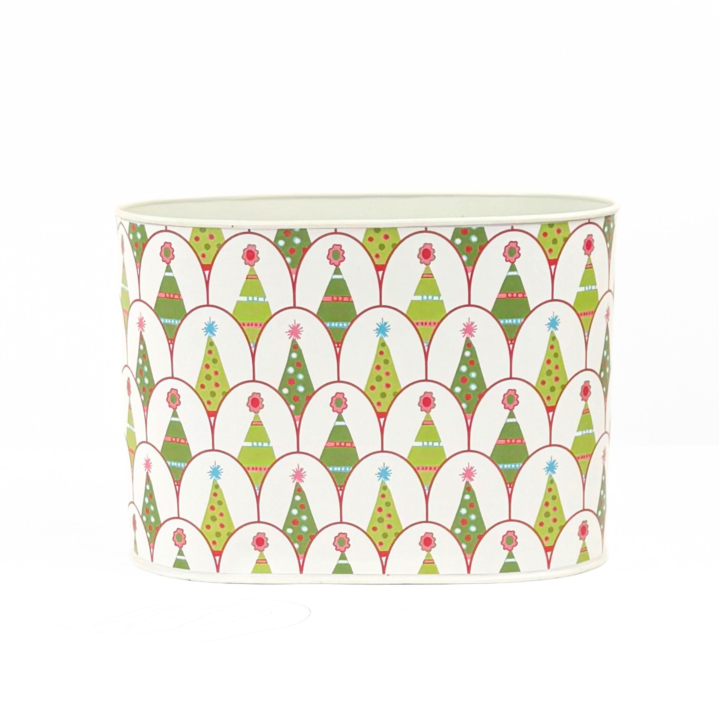 Festive Christmas caddy featuring colorful patterned trees, perfect for holiday storage and seasonal decorating.