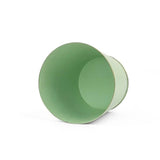 Bright Light green large tole metal cachepot with gold base and trim  showing the inside on a white background