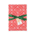 Red wrapping paper with a white geometric diamond pattern, wrapped around a gift box tied with a green ribbon and a small decorative tag