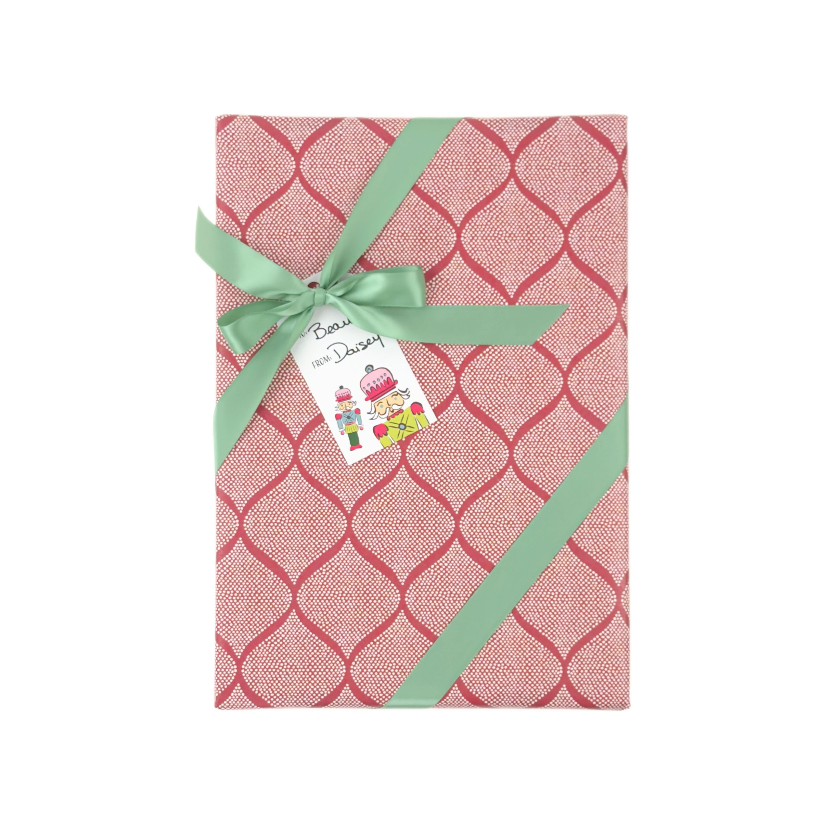 Elegant gift wrapping paper featuring intricate red and white block print trellis patterns for beautiful presents.
