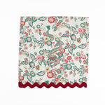 Cloth dinner napkins featuring red and green Chinese dragon floral prints with burgundy ric rac trim.