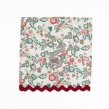 Cloth dinner napkins featuring red and green Chinese dragon floral prints with burgundy ric rac trim.