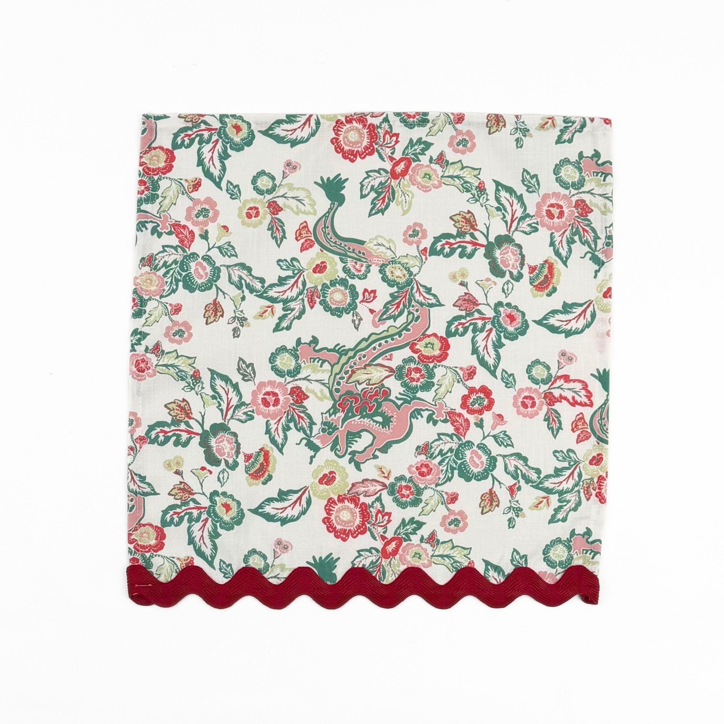 Cloth dinner napkins featuring red and green Chinese dragon floral prints with burgundy ric rac trim.