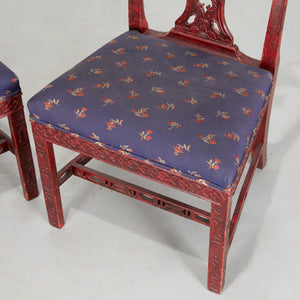 Vintage 19th-Century Red Chinoiserie English Side Chairs, Pair