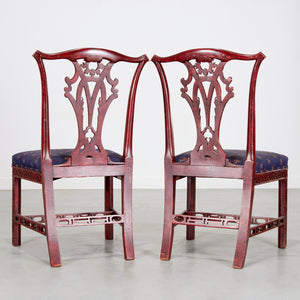 Vintage 19th-Century Red Chinoiserie English Side Chairs, Pair