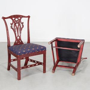 Vintage 19th-Century Red Chinoiserie English Side Chairs, Pair